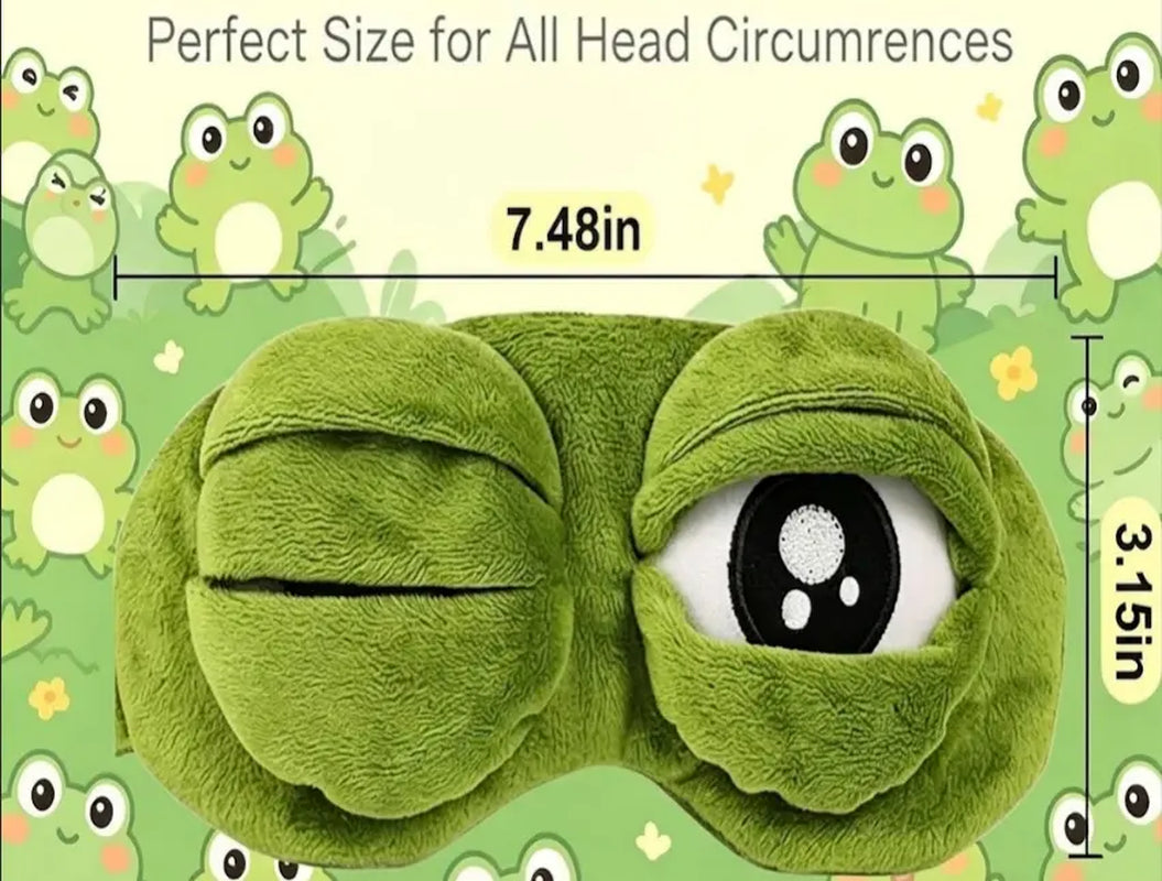 Frog Sleep Mask — a Stylish, Shimmering Sleep Mask Featuring an Adorable "Sad Frog" Design. This Fun, Plush Eye Mask Is Perfect for Travel, Yoga, Napping, and Light-Blocking; Its Soft Cotton Lining Gently Cares for Sensitive Skin.